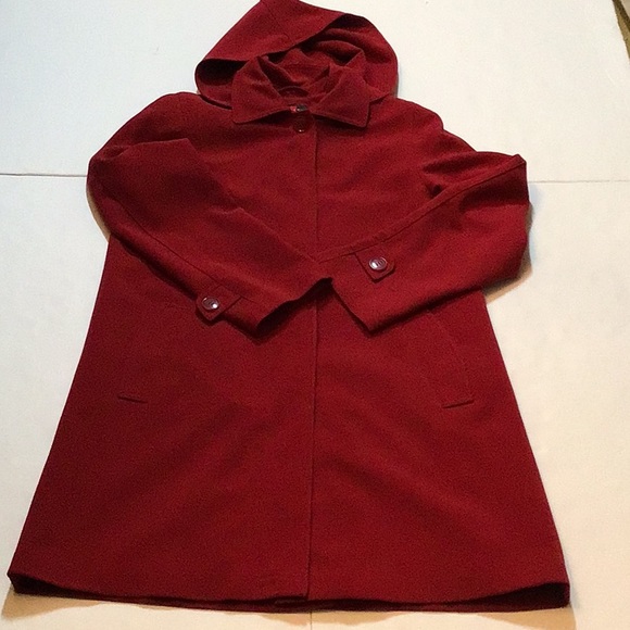 GALLERY PETITE RED TRENCH COAT WITH REMOVABLE BUTTON HOOD SZ PP - Picture 12 of 14